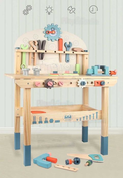 Warsztat stół warsztatowy drewniany narzędzia zestaw majsterkowicza