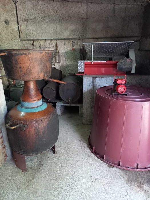 Esmagador de Uvas, Pipos para Vinho, Dorna, Bomba de Trasfega e Alquitarra