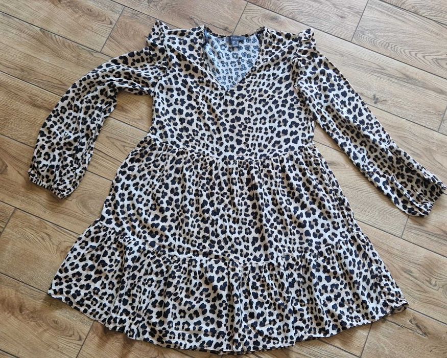 primark sukienka panterka falbanki ramiona 36 s cętki smock luźna boho