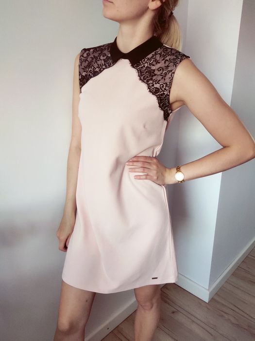 Sukienka mohito XS różowa z czarną koronką elegancka