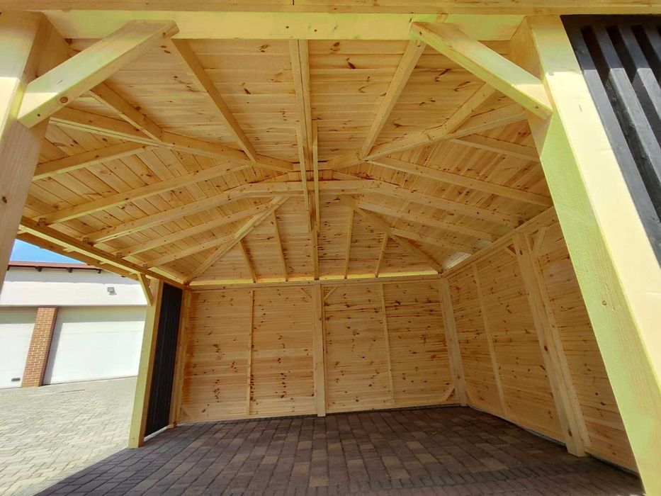 drewniana altana ogrodowa nowoczesna 4x4 do ogrodu na działkę montaż