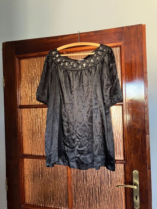 Bluzka 48 damska czarna kamienie plus size duża j. satyna
