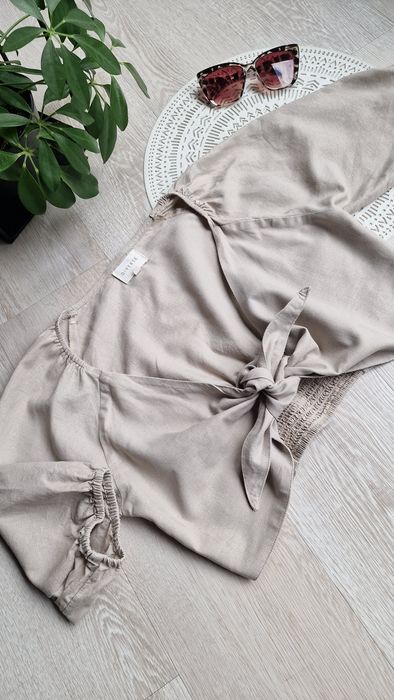 Krótka bluzka narzutka crop top beż Diverse XS 34 S 36 len