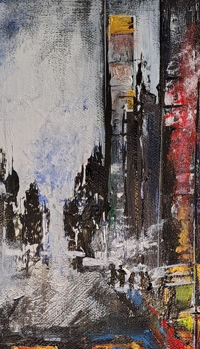 Obraz wspólczesny 30x40x4 cm. Metropolia w deszczu. Malarstwo strukturalne akrylowe na płótnie.