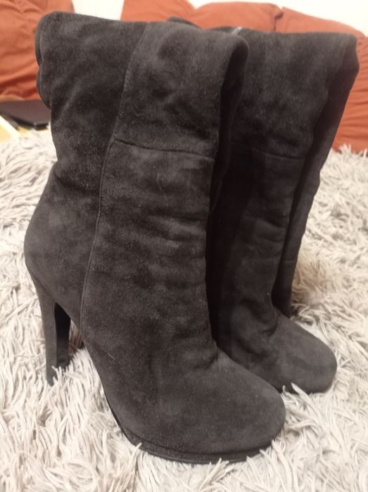 Замшеві чоботи ботфорти коричневі єврозима