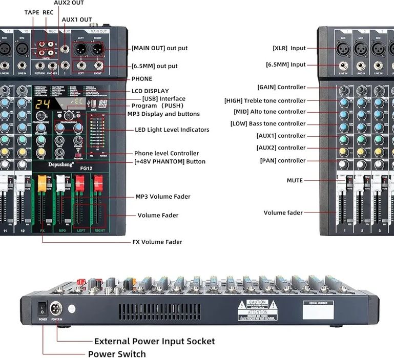 Mesa de Som Profissional FG12 - Mixer DJ 12 Canais com USB, Bluetooth