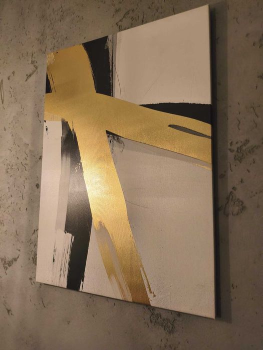Obraz nowoczesny abstrakcja 70×50 – złoto / biel / czerń