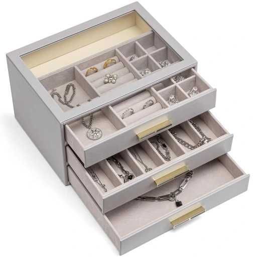 Vlando Szkatułka na biżuterię – estetyczny organizer 3 Poziomy Szara