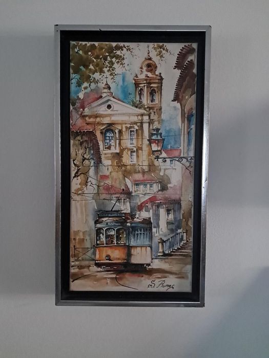 Pintura original sobre tela — Elétrico de Lisboa — assinada S. Ramos