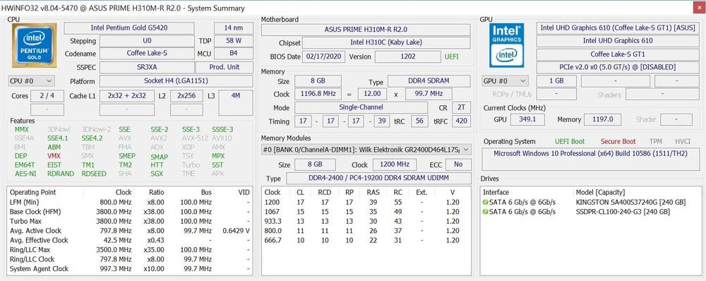 Pentium Gold G5420 + H310 + DDR4 8GB + SSD 240GB