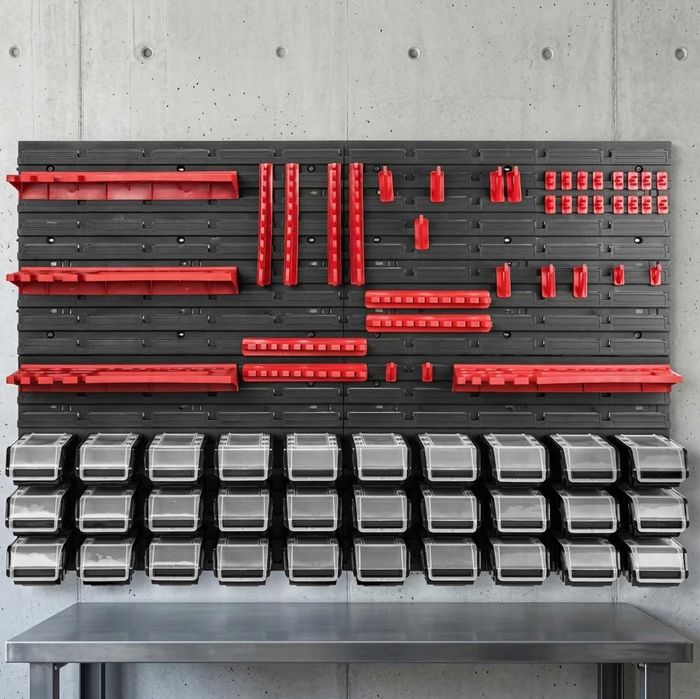Tablica narzędziowa ścianka warsztatowa 115x78 cm 30 kuwet z pokrywą 4 półki uchwyty na klucze haki organizer do garażu NOWY GWARANCJA 24M + GRATIS