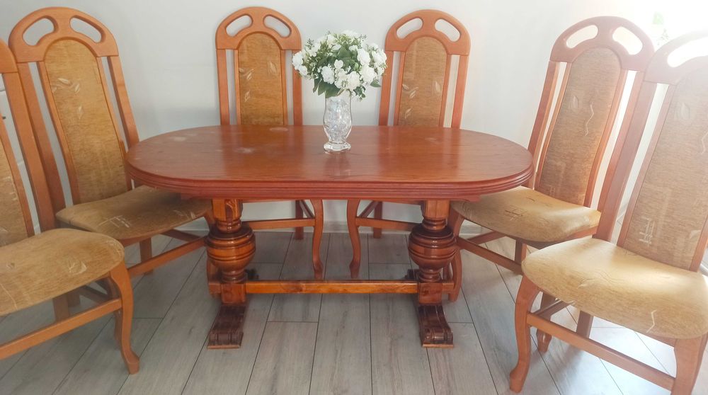 Komplet jadalny stół dębowy owalny krzesła 6 tapicerowane drewno