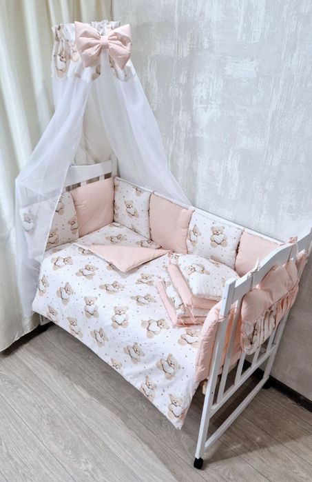 Постельное в кроватку комплект бортики балдахин