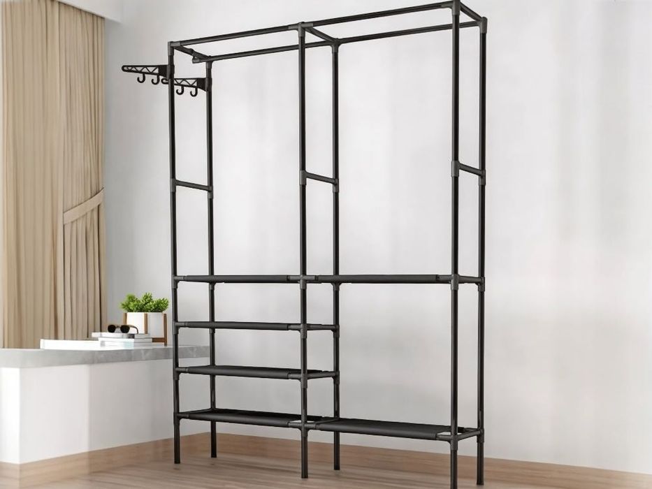 DUŻY czarny wieszak METALOWY szafa z półkami garderoba na ubrania buty