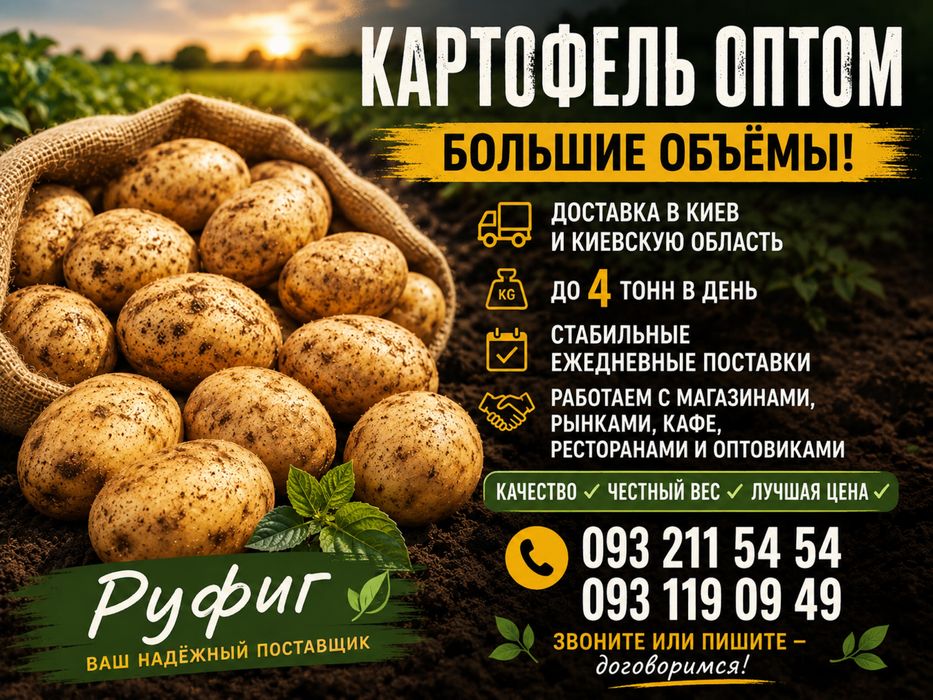 Картофель оптом  до 4 тонн в день, доставка в Киев