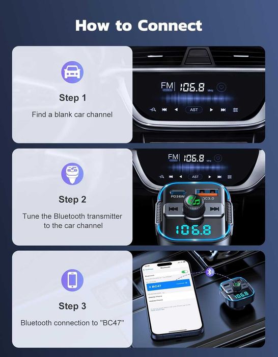 Adapter Bluetooth FM do samochodu USB C PD QC 54W Glangeh 858