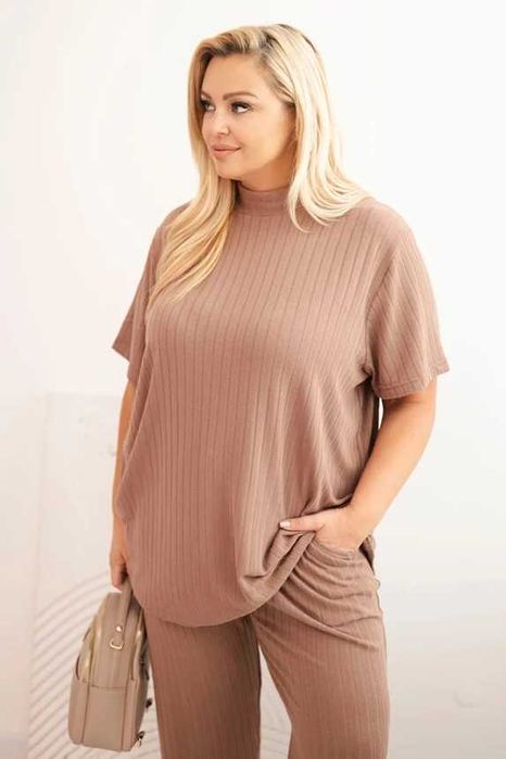 Komplety prążek Plus Size 3w1 narzutka, bluzka sponie
