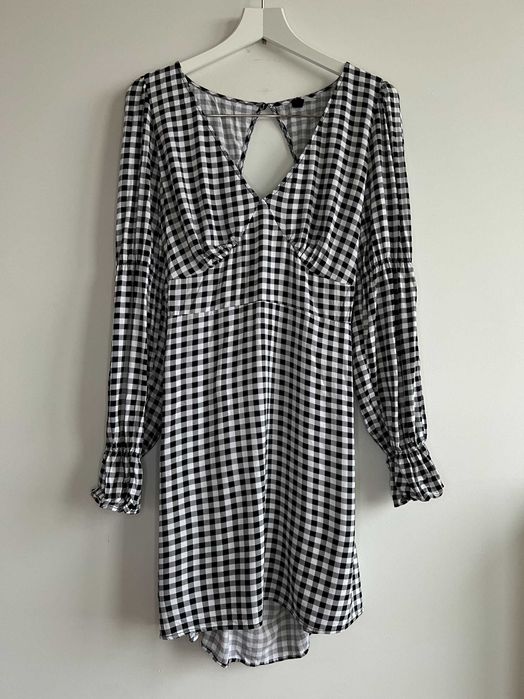 H&M sukienka wiskoza czarno-biała bufki cottagecore gołe plecy 48