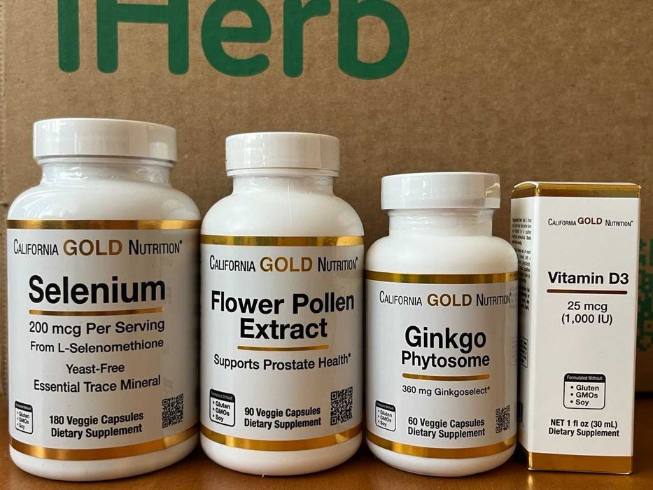 California Gold Nutrition, селен (Selenium), суміш екстрактів квіткового пилку, Ginkgo Phytosome, фітосоми гінкго білоба, вітамін D3 рідкий,