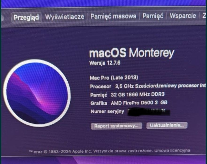 Komputer Apple Mac PRO 6.1 a1481 XEON 6-core 32GB AMD FirePRO 2xD500