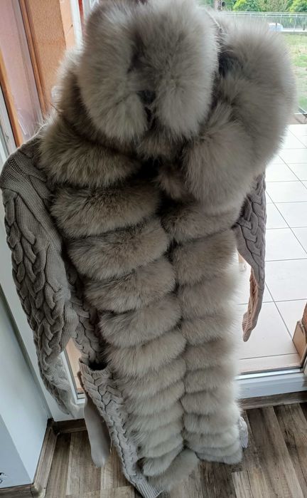 Nowy sweter beż długi lis naturalny futro