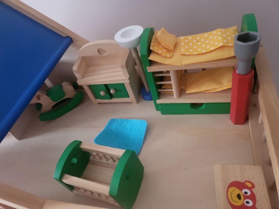 Drewniany domek duży zestaw mebelki dla lalek