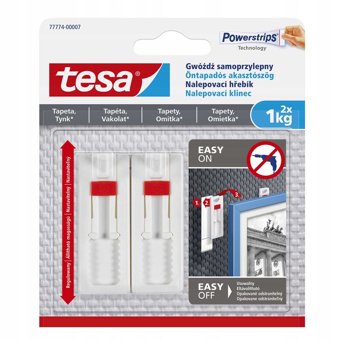 TESA Powerstrips gwóźdź haczyk regulowany do tapet tynku 1 kg 2 szt