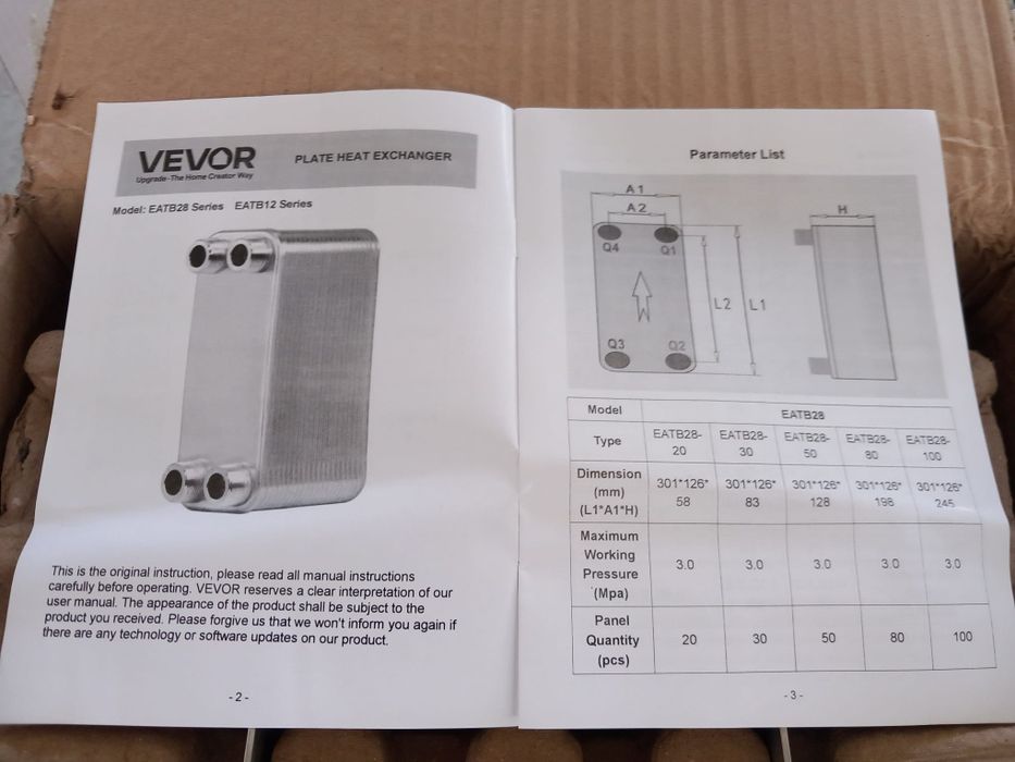 trocador de calor de placas VEVOR (modelo EATB28-30)
