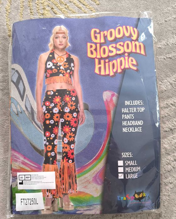 Damski kostium retro hippie 70s Flower Power dzwony i top z frędzlami Rozmiar L