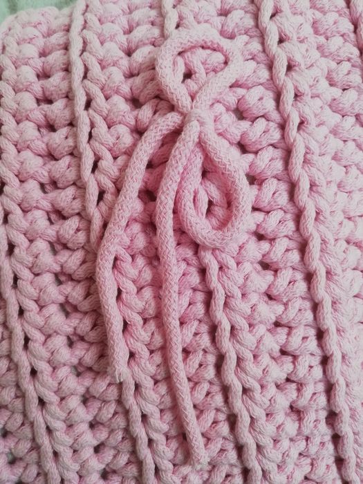 Nowa Poduszka ozdobna różowa handmade dziergan ze sznurka bawełnianego