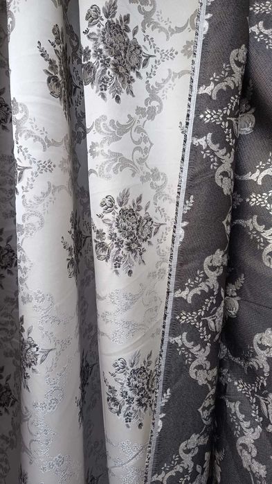zasłony z matra KWIATY w ORNAMNECIE ,szer 280 cm tkana GRAFIT/złoto