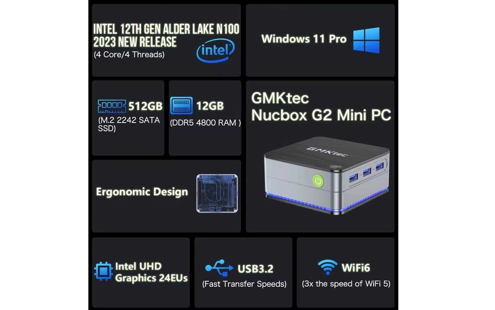 Міні ПК GMKtec G2 Intel N100 / DDR5 12 Gb / 512 Gb / Wi-Fi 6 (уцінка)