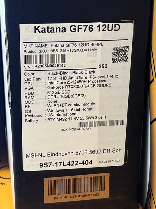 Laptop MSI Katana GF76 12UD-404PL i5/16GB/RTX3050 od Lombard Haslo GSM