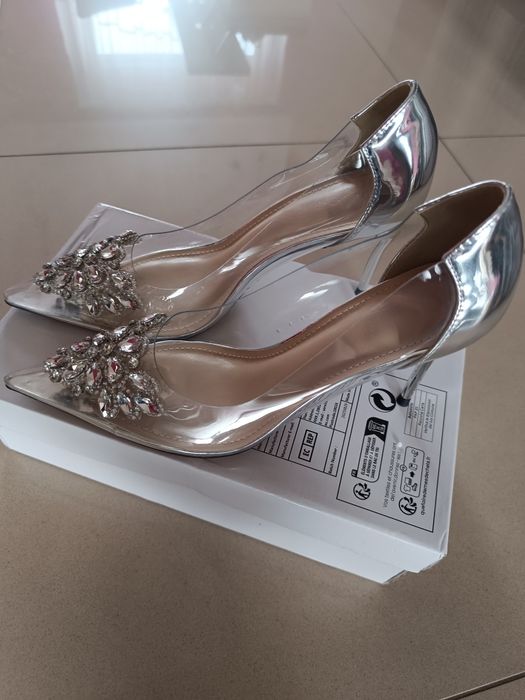 Szpilki buty damskie transparentne srebrne roz 40