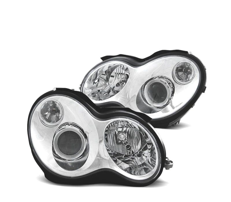 FARÓIS MERCEDES CLASE C SPORT COUPE C203 01-04 FUNDO CROMADO