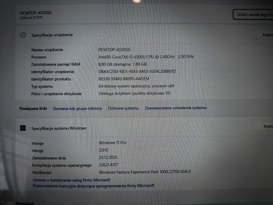 Laptop Dell E7270 FHD DOTYK/i5/8GB/1TBSSD/Office 2029 - Ideał!