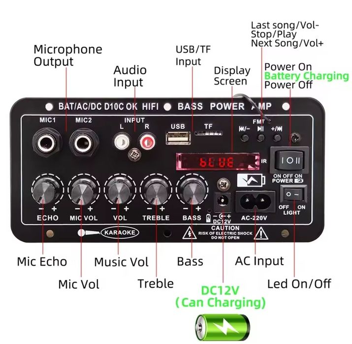 Bluetooth автомобильный усилитель D10-II 12В/24В (AUX,TF,USB, звук