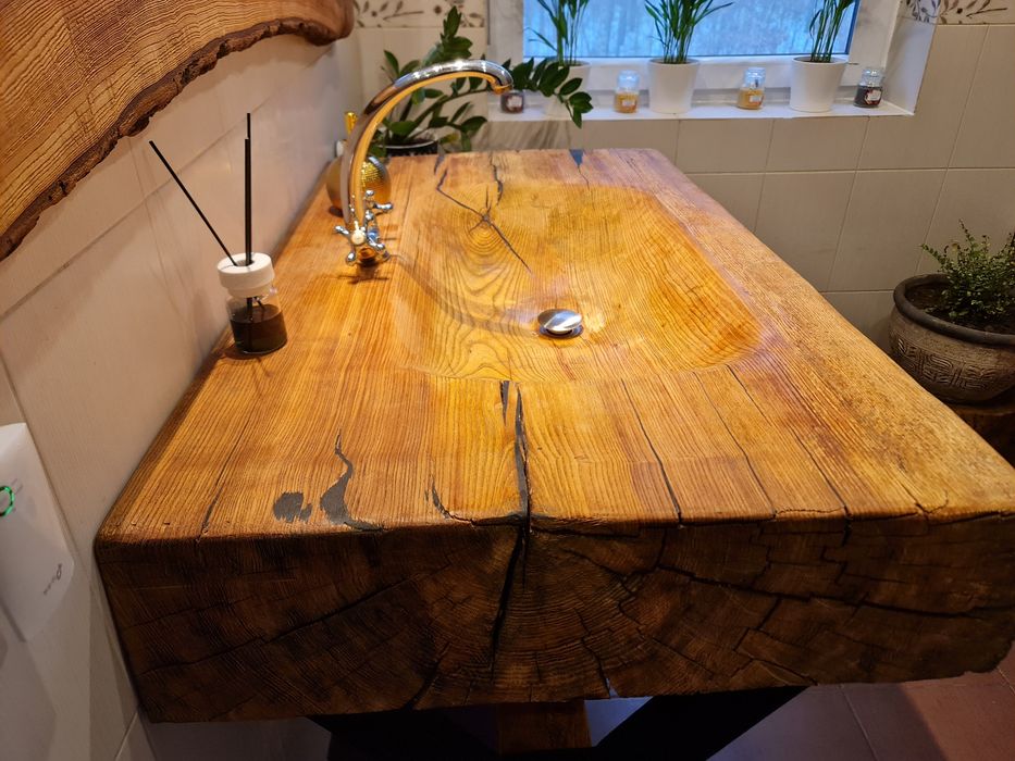 Blat drewniany umywalka drewniana nablatowa nowoczesna z monolitu dębu