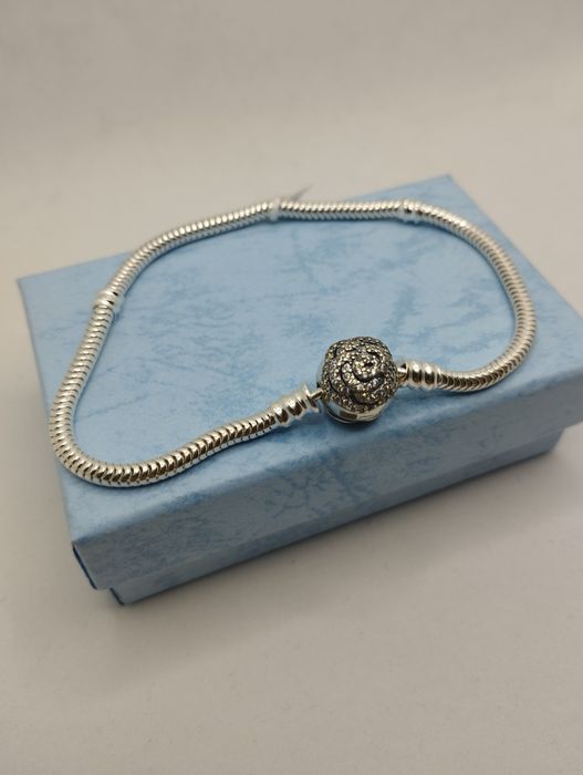Srebrna bransoletka, Pandora różyczka,  próba 925, długość 21 cm