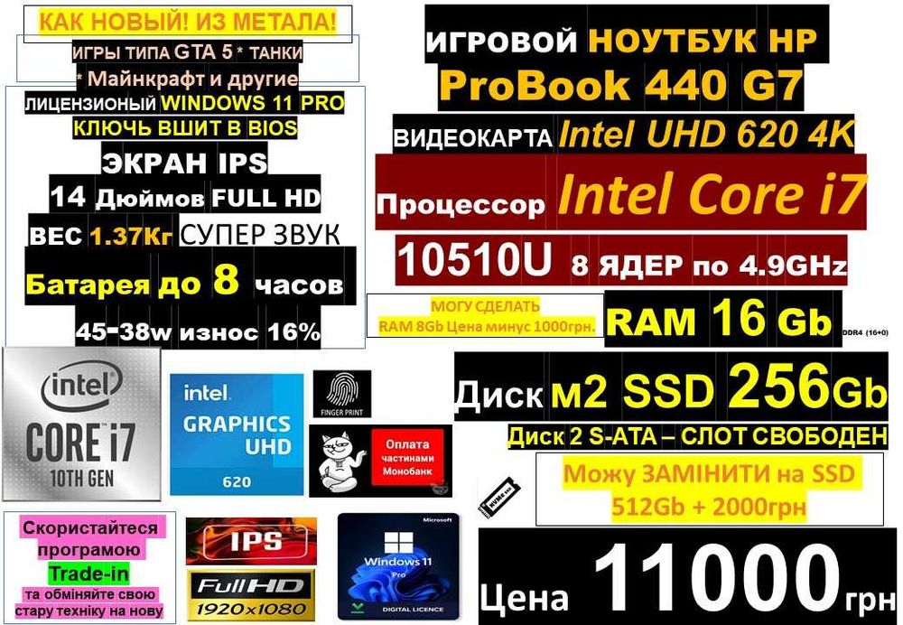 150+ Ноутбуків‼️HP‼️14" IPS‼️Core i7 8 ядер‼️SSD 256‼️RAM 16Gb-32Gbℹ️Traid-in‼️Розтрочка