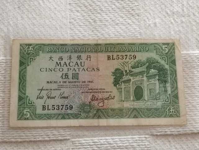Nota Macau 5 Patacas 1981
