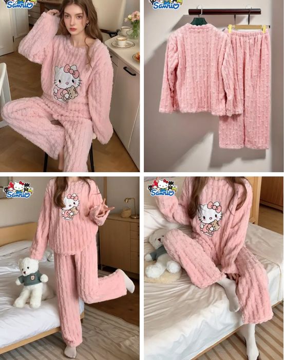 Теплая женская пижама плюшевый домашний костюм Hello kitty