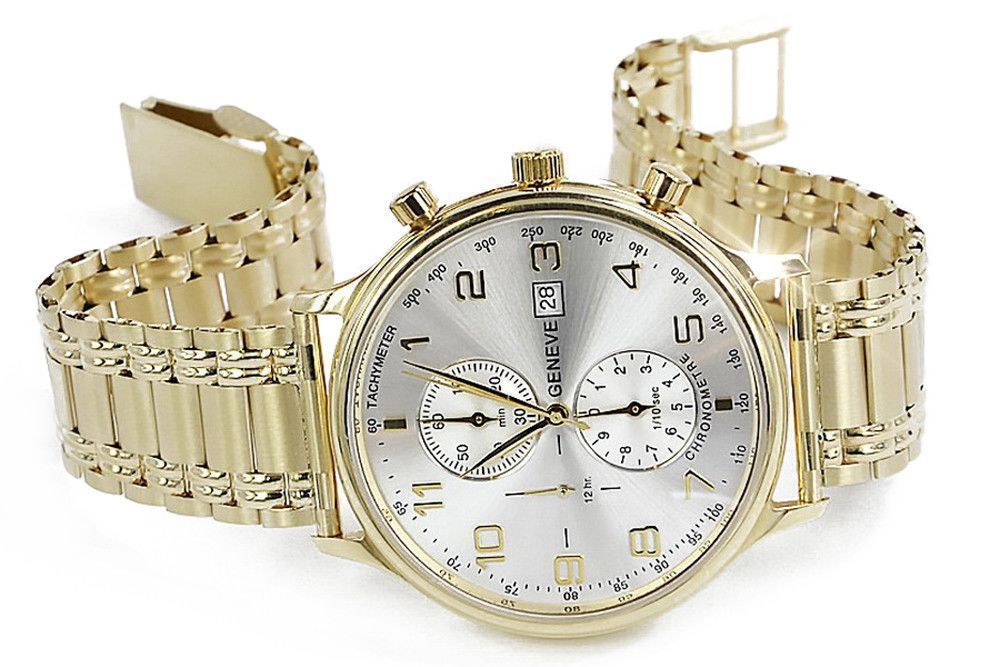 Złoty zegarek z bransoletą męski 14k włoski Geneve srebrna tarcza Gd