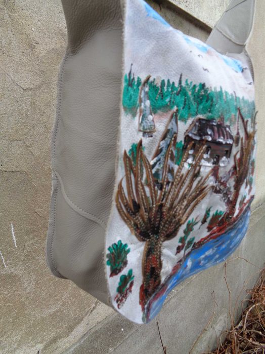 WYPRZEDAŻ  Artystyczna skórzana torebka z widokiem.  Handmade