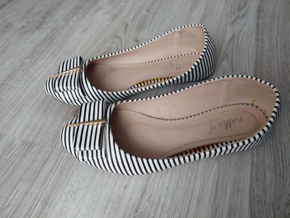 Baleriny w paski czarny biały kokardka zebra szpic 38 skóra buty fama