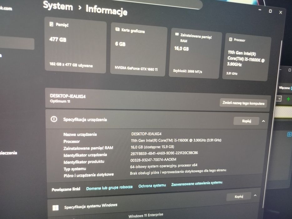 i5 11600K z GTX 1660 Super oraz monitor Asus