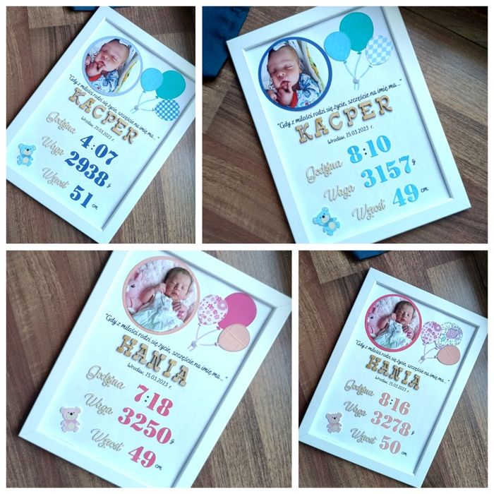 Metryczka z okazji narodzin dziecka w ramce ze zdjęciem