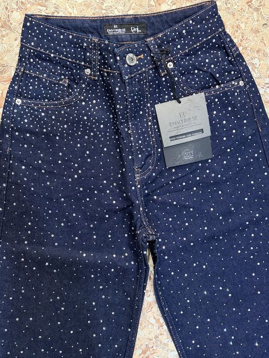 Темно-сіні жіночі джинси палаццо зі стразами