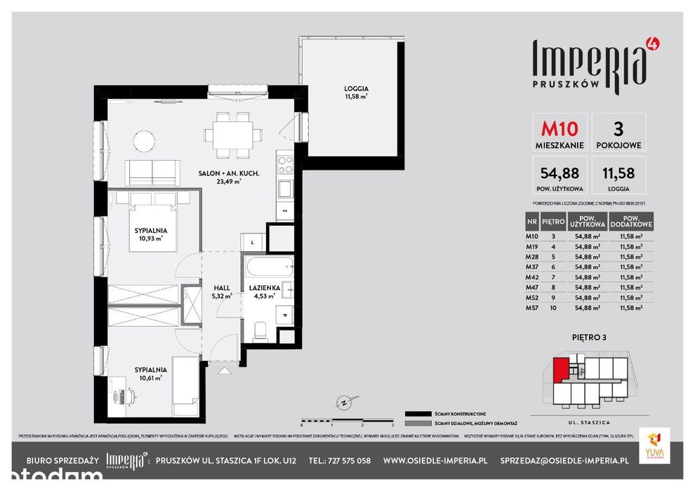 M52 mieszkanie 3 pokojowe z balkonem 54,88 m2