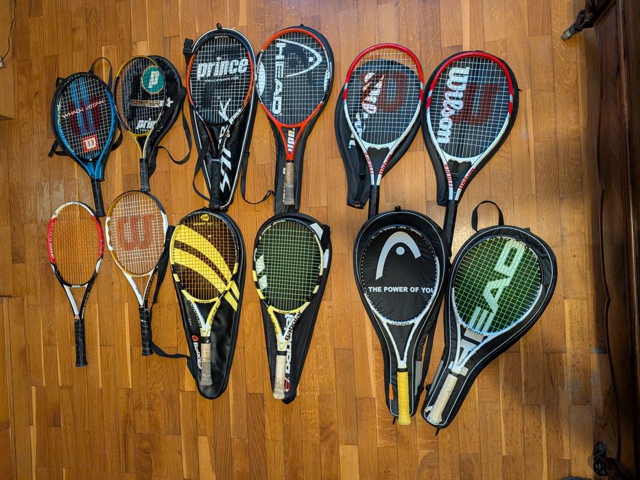 Lote de 12 raquetes de ténis (Head, Wilson, Babolat, Prince), adulto, júnior e criança